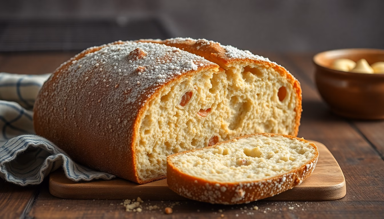 Frisch gebackenes Sauerteigbrot auf Holzbrett