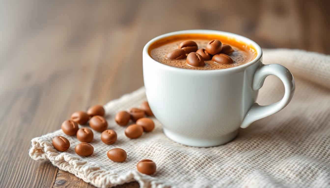 Dampfende Tasse Kaffee mit Bohnen