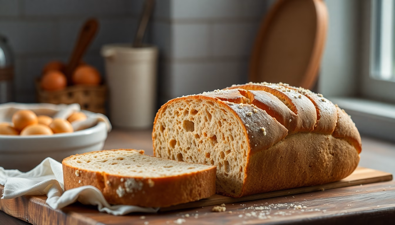 Frisch gebackenes Brot, warme Krume, knusprige Kruste, rustikale Küche