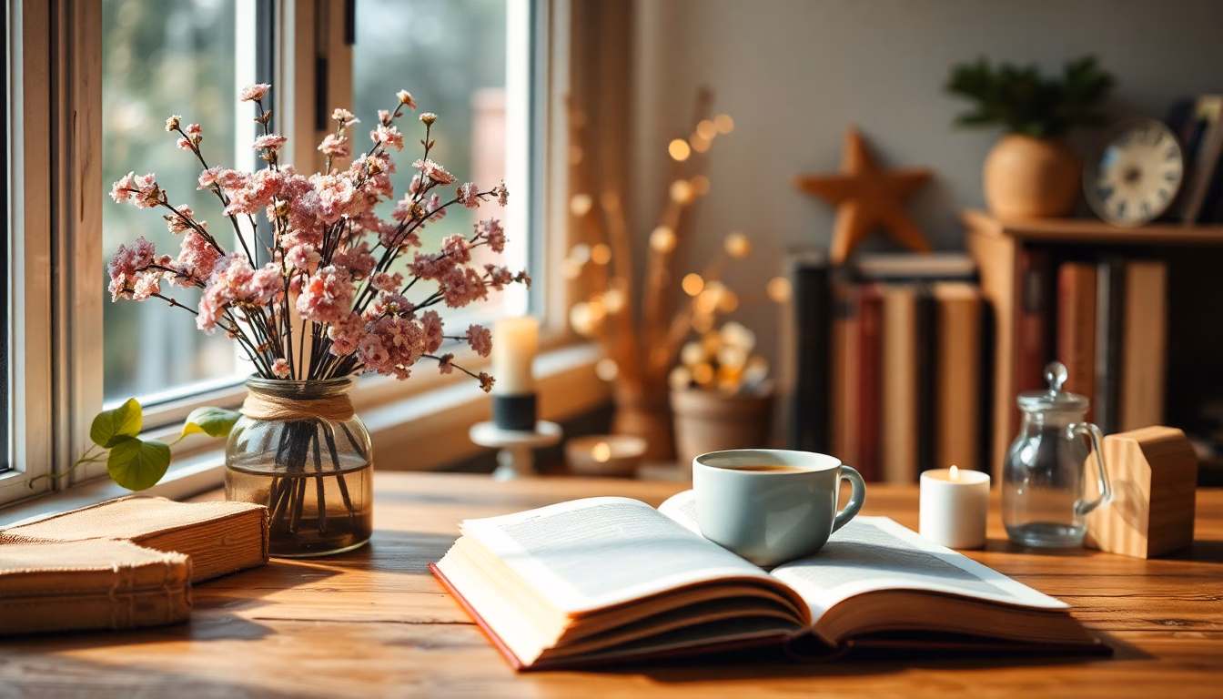 Gemütliche Leseecke mit Sessel, Decke, Tee und Büchern.