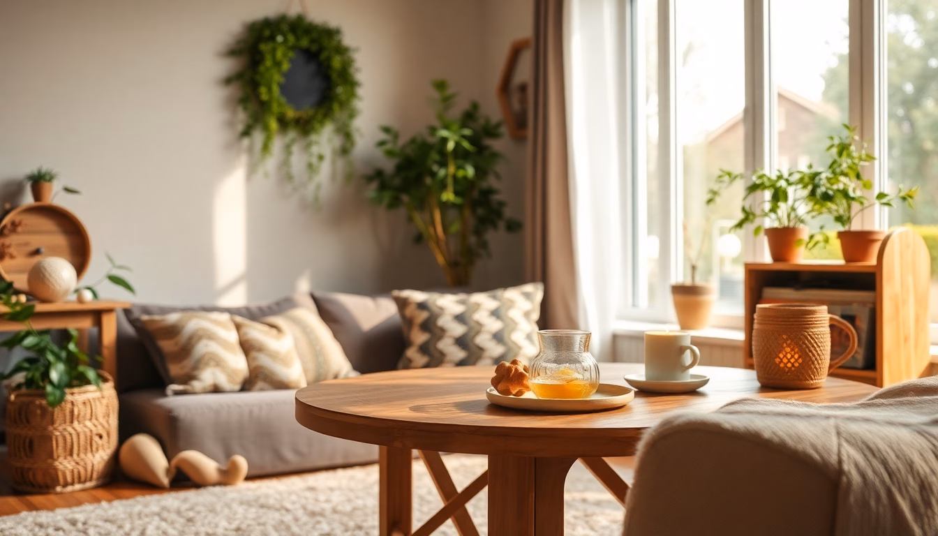 Gemütliches Wohnzimmer mit Kissen, Decke, Tee und Buch