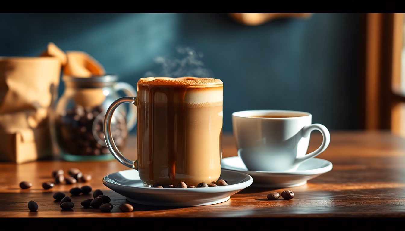 Gemütliche Küche am Morgen mit dampfender Kaffeetasse