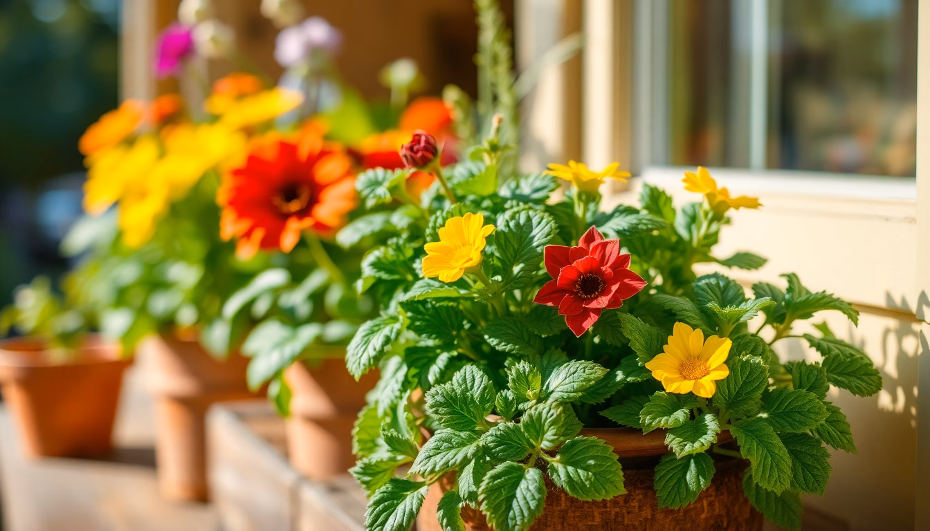 Frische Kräuter auf Fensterbank in Töpfen