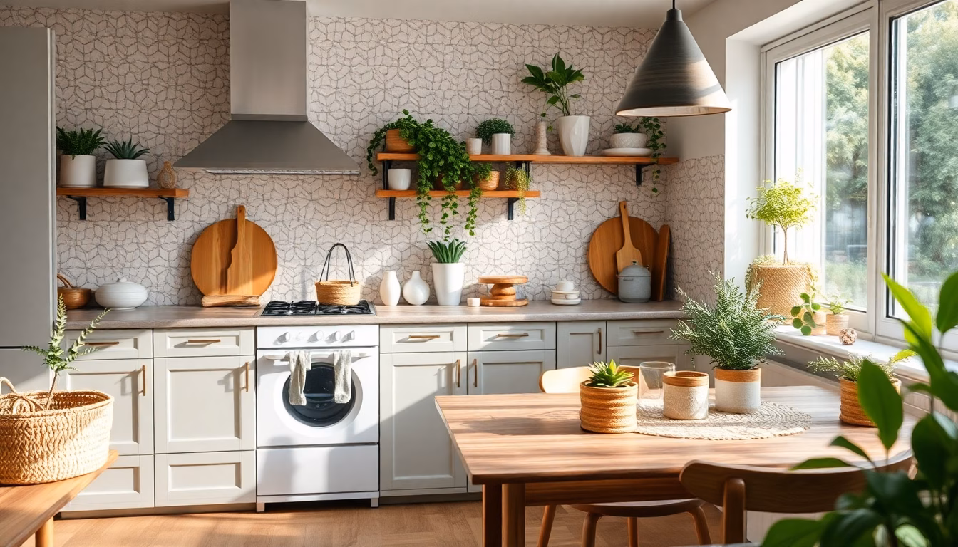 Helle, gemütliche Küchendekoration mit Kräutern und Blumen