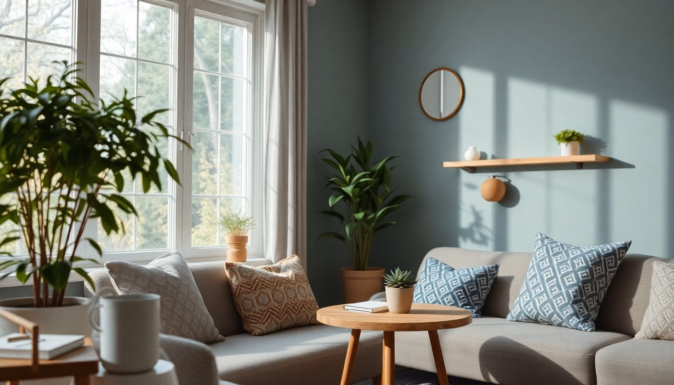 Gemütliches Wohnzimmer mit Kissen, Decken und Pflanzen