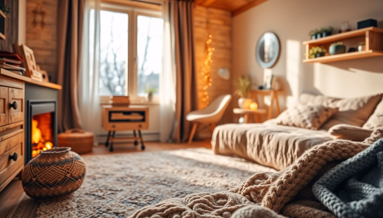 Gemütliches Wohnzimmer mit Kamin und entspannter Person auf dem Sofa