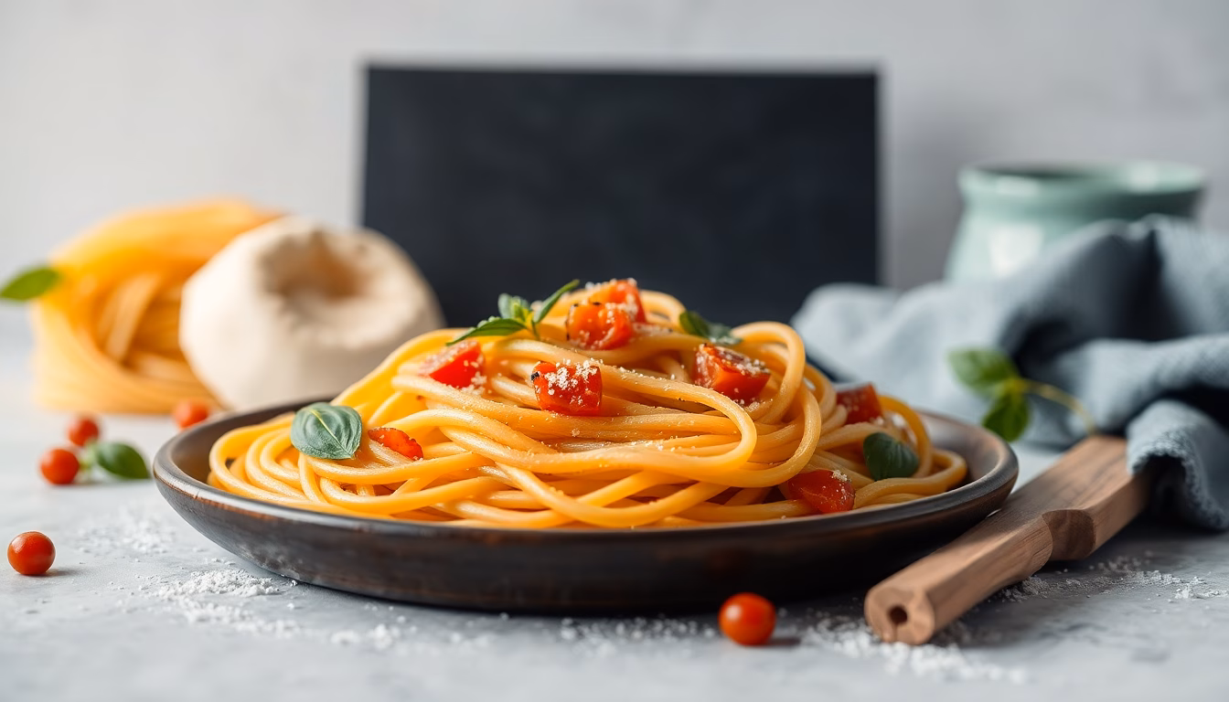 Dampfende Schüssel cremiger Penne-Pasta mit Parmesan und Basilikum.
