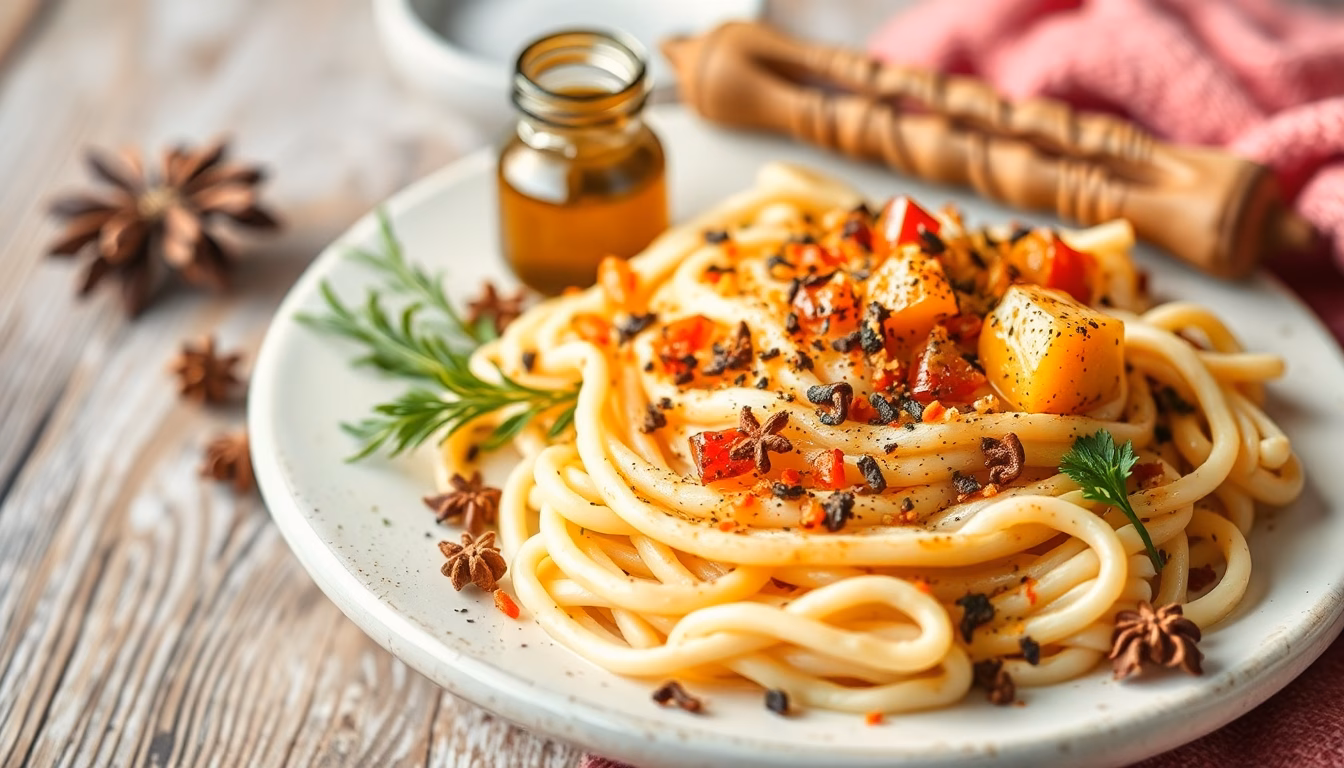 Hand streut bunte Gewürze über Essen