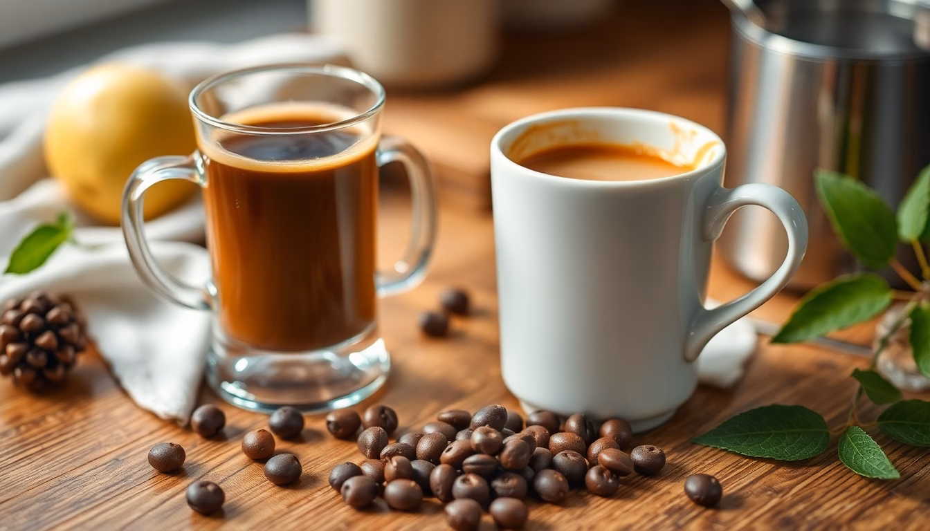 Nahaufnahme Kaffeezubereitung, frischer Kaffee fließt in Tasse, Morgenlicht, moderne Küche