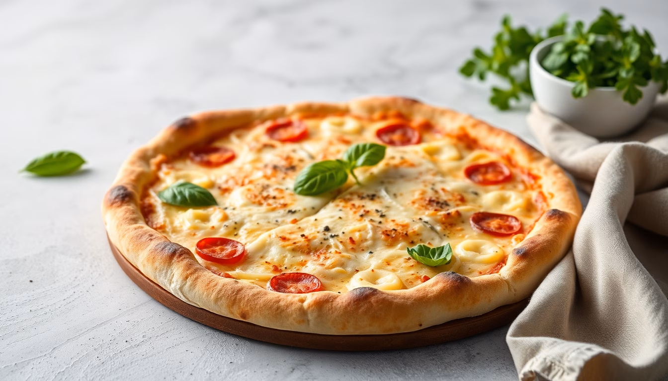 Luftiger Pizzateig wird ausgerollt, mit Mehl und Hefe im Hintergrund.