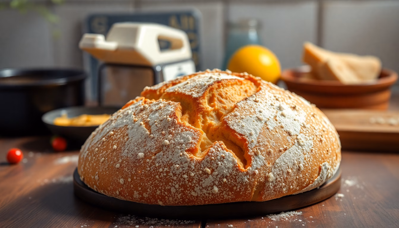 Frisch gebackenes Brot, Kruste, Brotinnere, Holztisch, Mehl, Butter