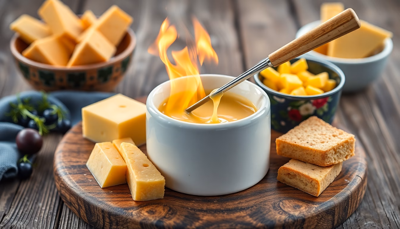 Käse-Fondue mit Brot und Gemüse