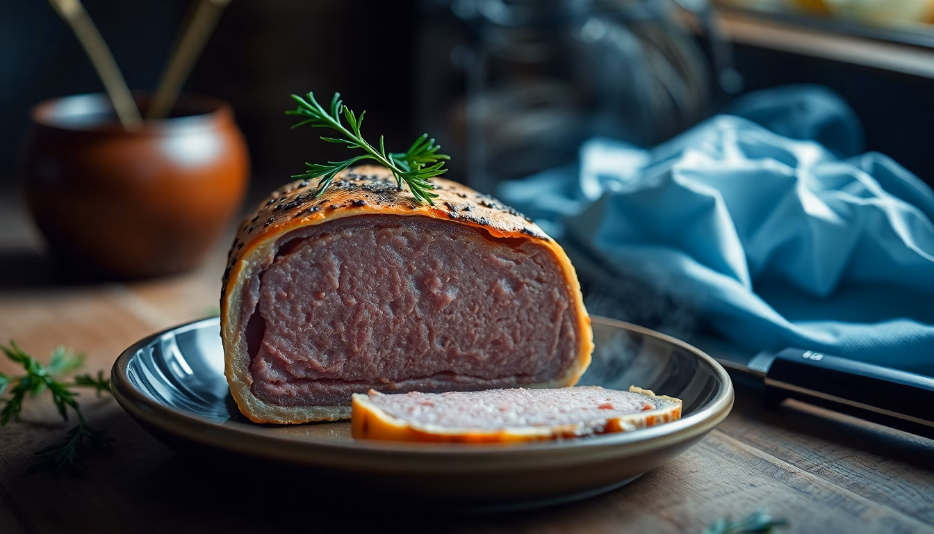 Perfekter goldbrauner Braten auf Holztisch mit Kräutern