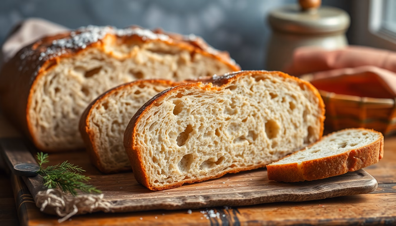 Frisch gebackenes Brot auf Holzboden, rustikale Küche