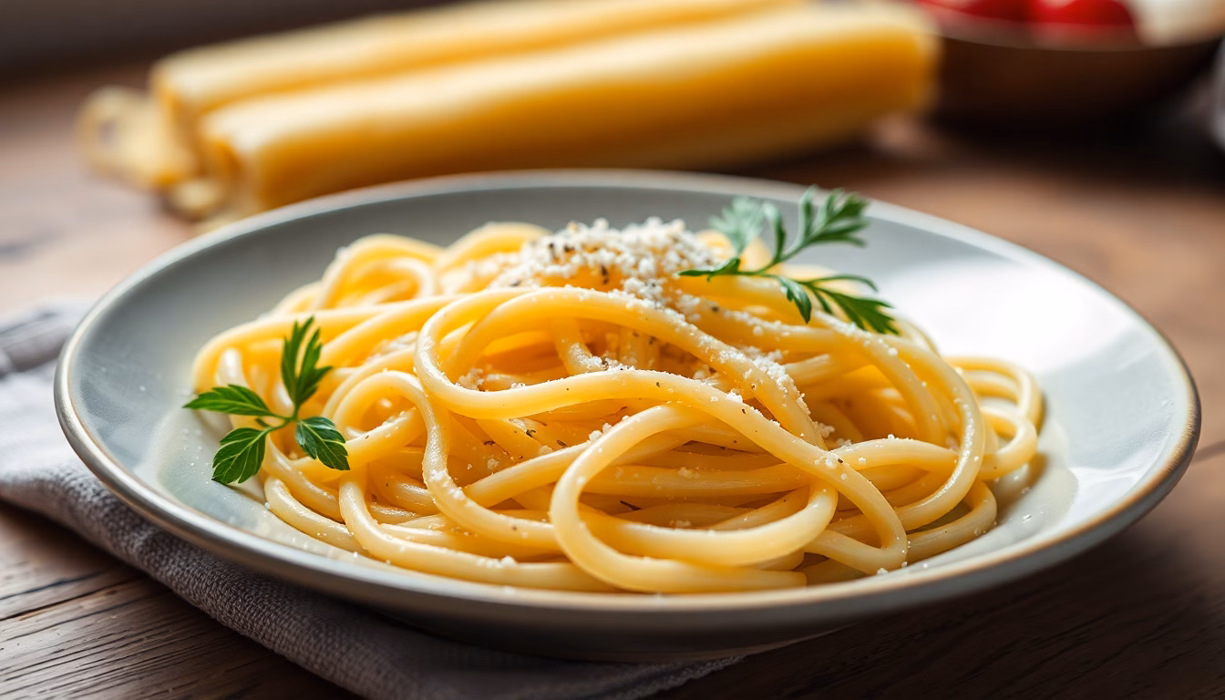 Perfekt gekochte Spaghetti mit Gabel, Basilikum und Parmesan