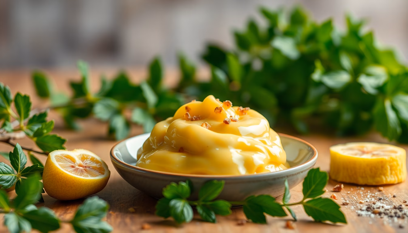 Samtige Butter vermischt sich mit Kräutern für eine Sauce.