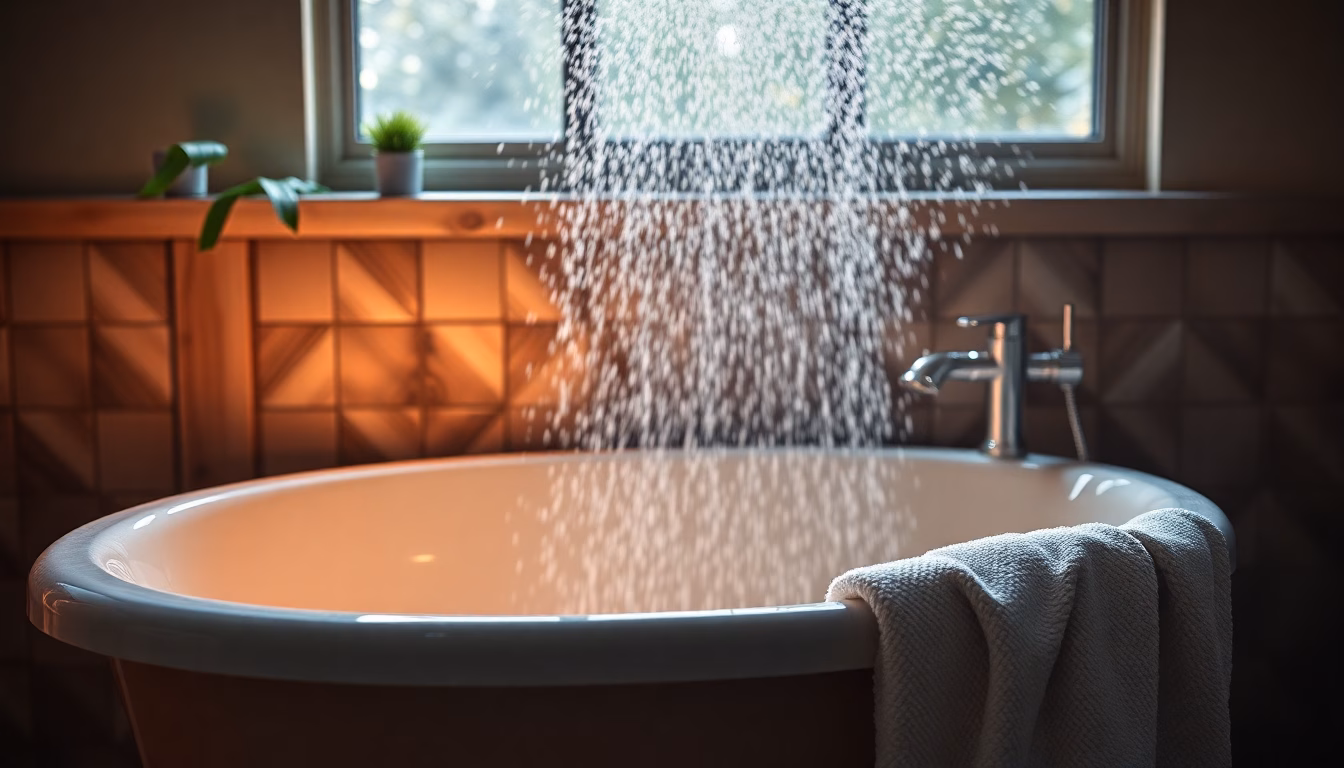 Dampfreiniger reinigt Duschwand im Bad