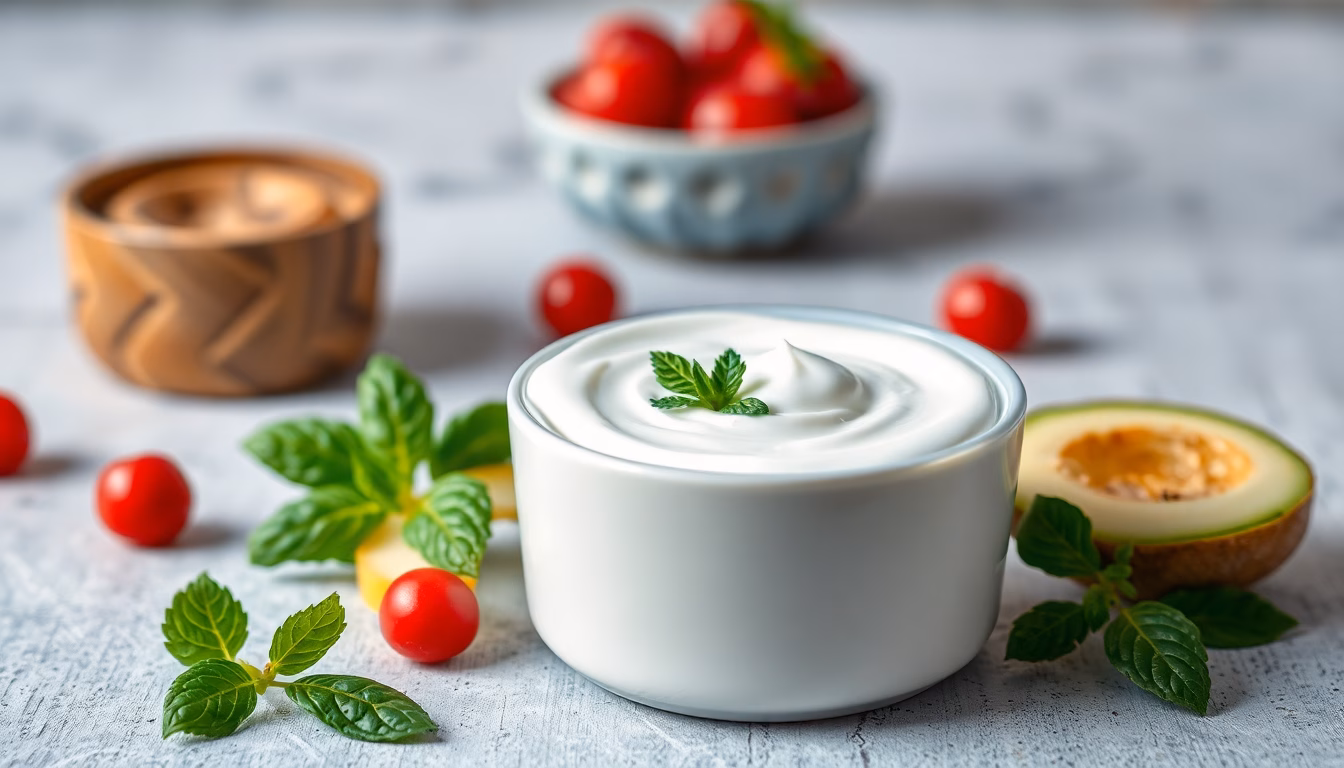 Cremiger Joghurt-Dip wird mit einem Löffel umgerührt