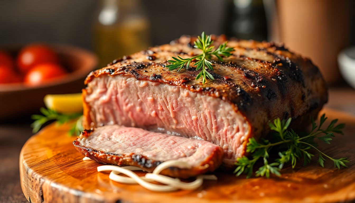 Saftiger, frisch aufgeschnittener Braten auf Holztisch