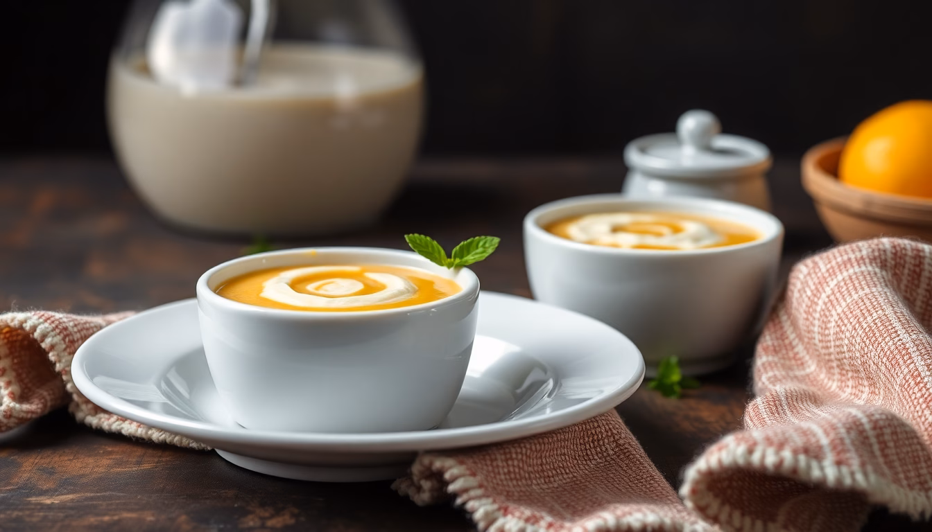 Dampfende, cremige Gemüsesuppe in Schüssel mit Kräutern
