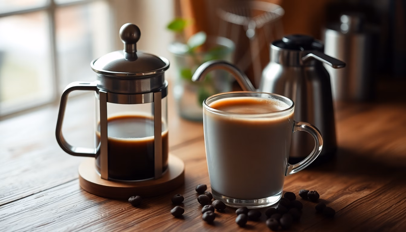Dampfende Kaffeetasse, Kaffeebohnen, Morgenlicht