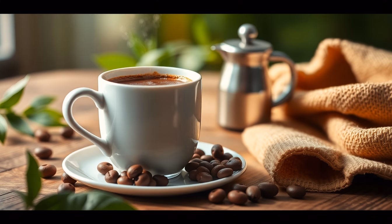 Dampfende Kaffeetasse auf Holztisch mit Sonnenlicht