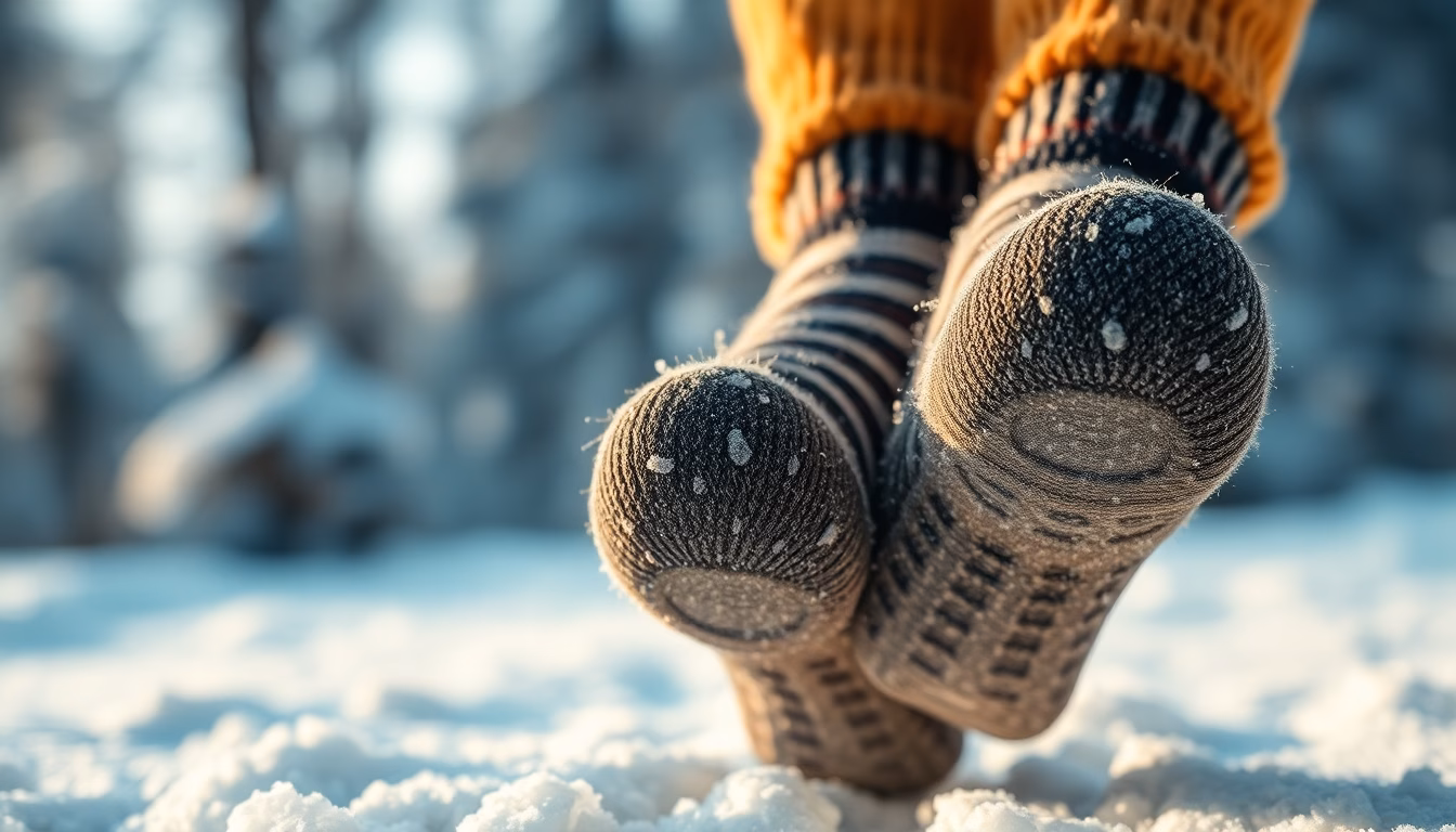 Warme Wollsocken auf Teppich, Kamin im Hintergrund
