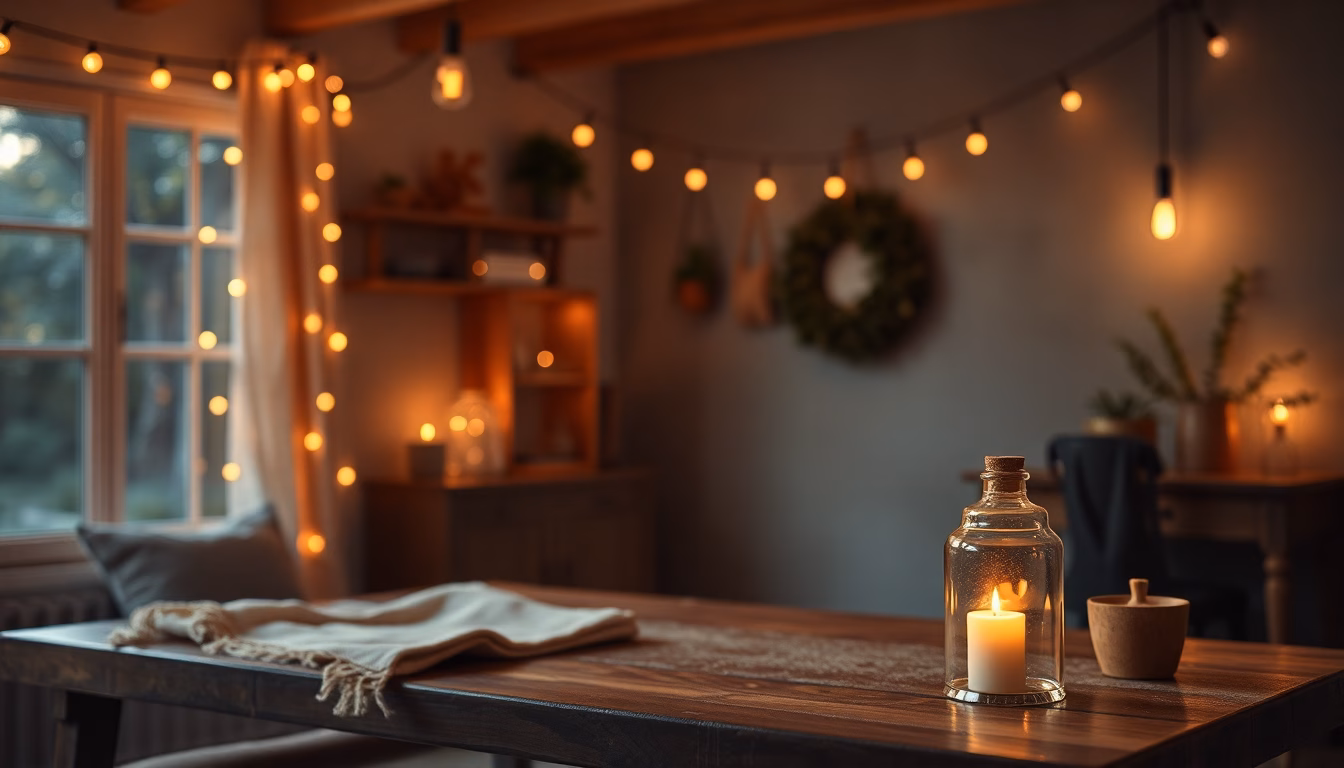 Wohnzimmer mit Kerzenlicht bei Dämmerung