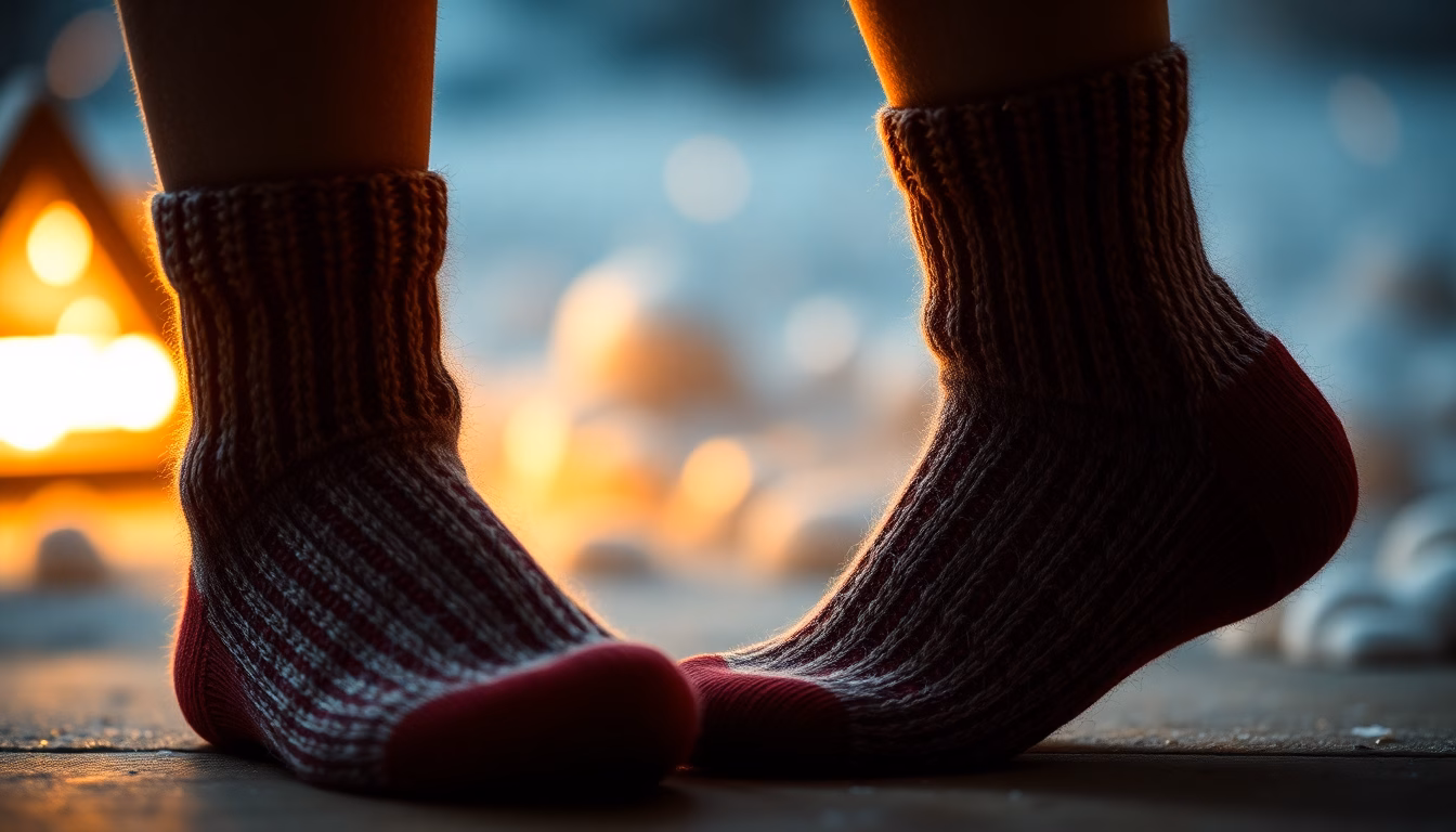 Strickende Person auf Sofa mit roten Wollsocken