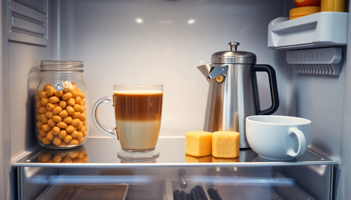 Sauberer Kühlschrank mit Essigschale und frischen Lebensmitteln