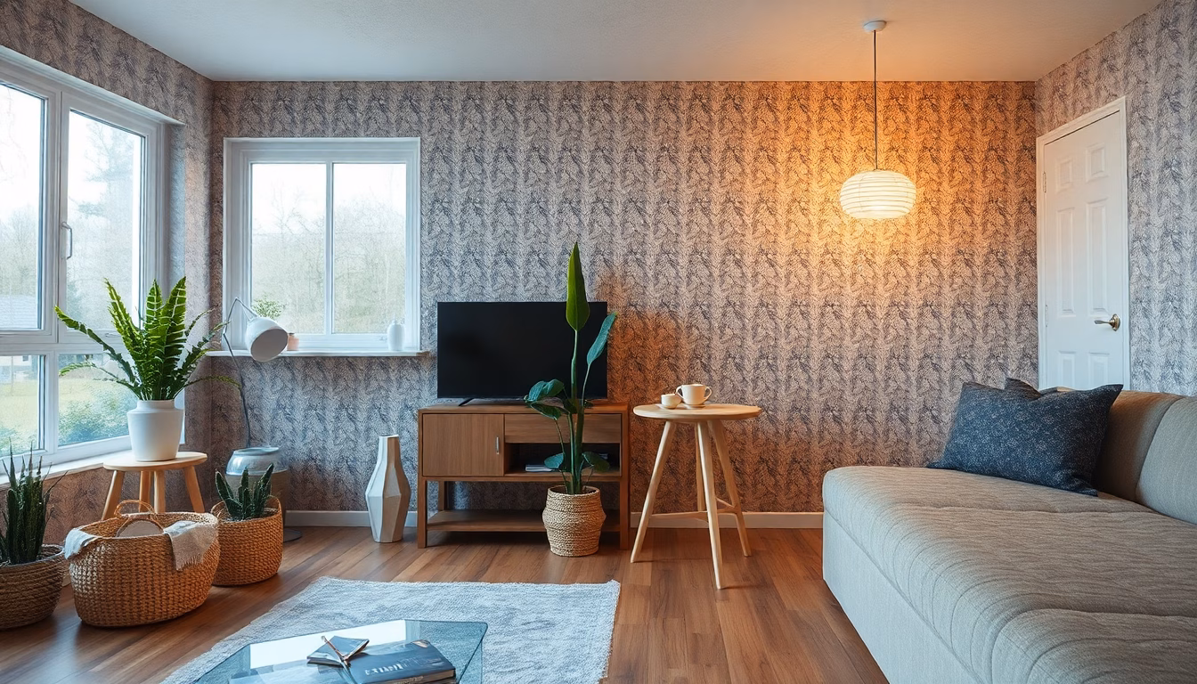 Sauberes Wohnzimmer mit Sonnenschein, zufriedene Frau