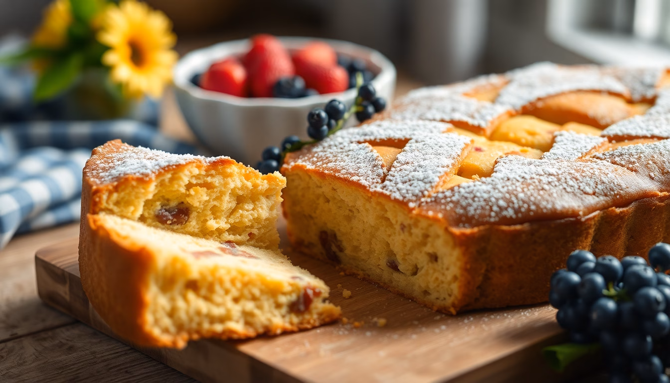 Saftiger Kuchen wird angeschnitten, warmes Licht, gemütliche Küche