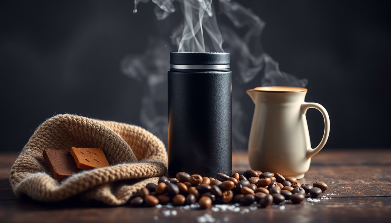 Dampfender Kaffee neben Thermoskanne im Morgenlicht
