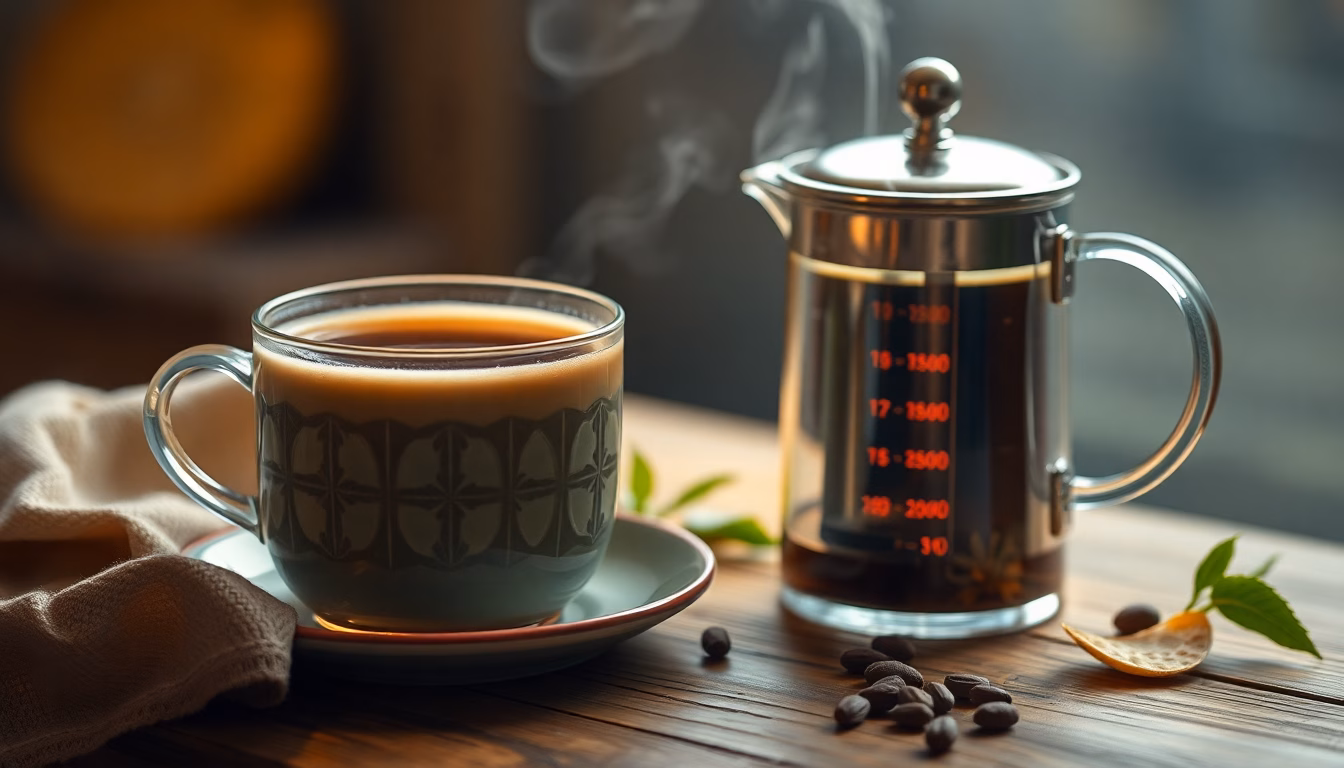 Gemütliche Küche mit dampfender Teetasse und losem Tee