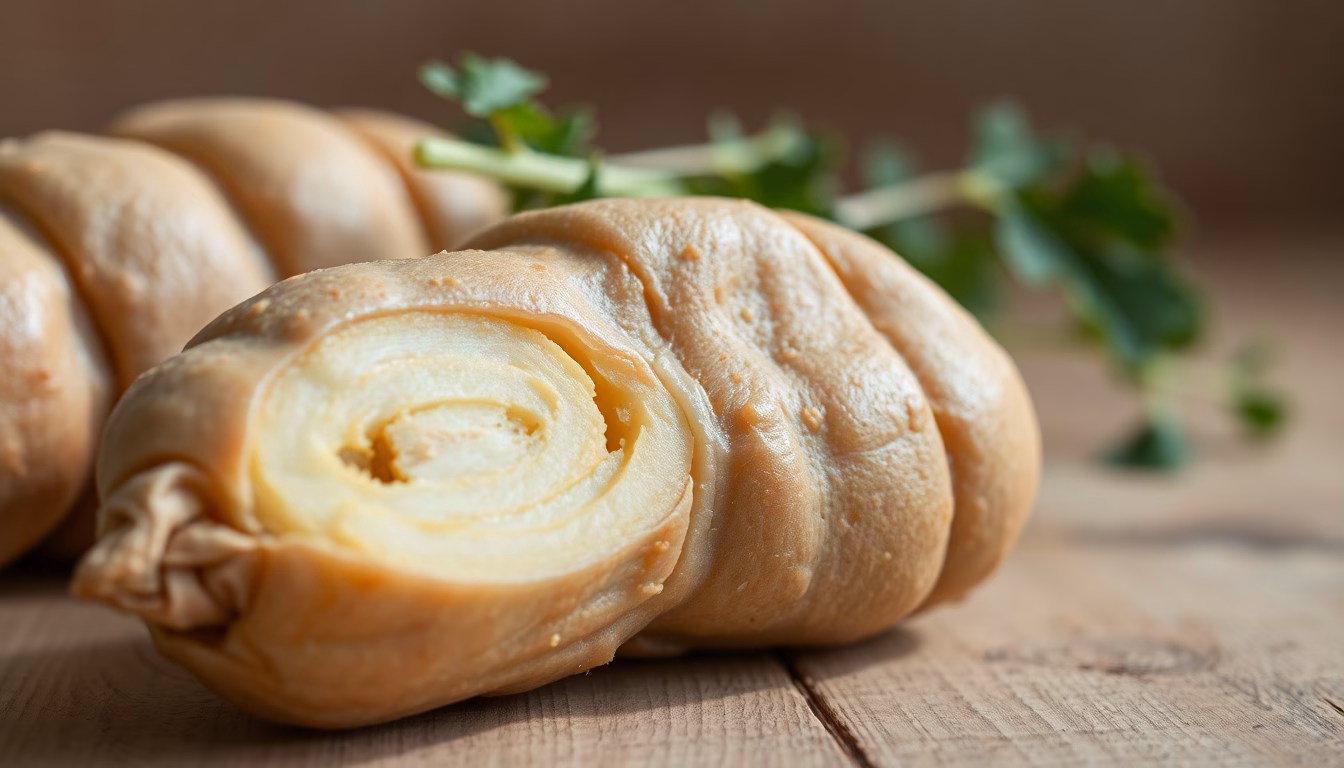 Knusprige und cremige Kartoffelspalten auf Holzteller